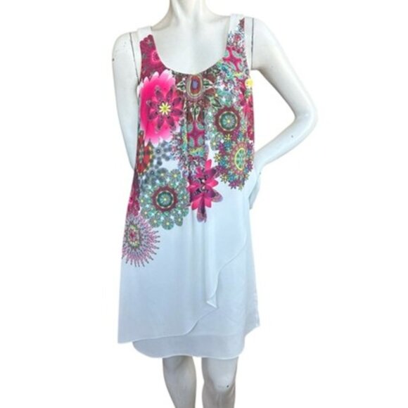 Desigual White Sleeveless Tiered Bead Floral Print Mini Corvus Dress Size 36 XS - Picture 3 of 16